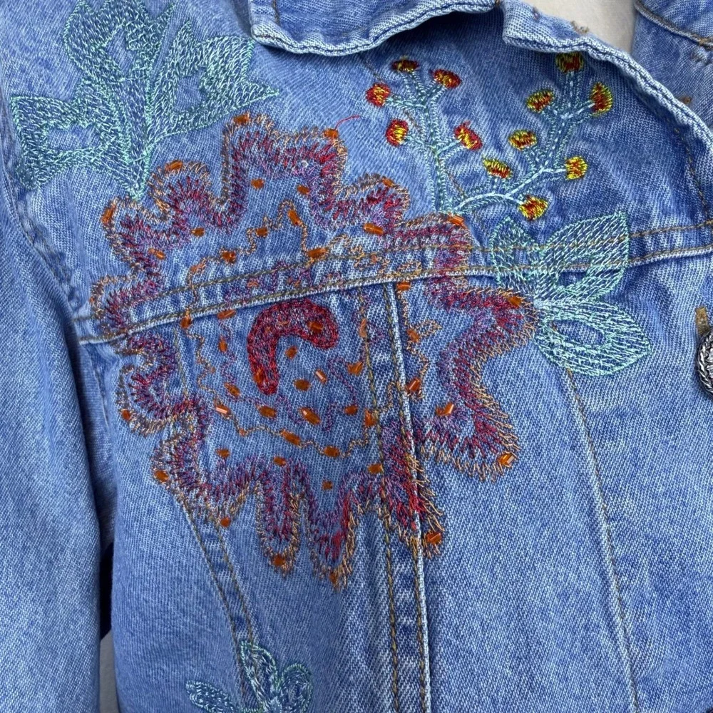 Vintage 90s White Stag Denim Beaded Jacket Embroidered Floral Button Up Large - Picture 5 of 10